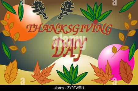 Le texte JOUR DE THANKSGIVING est écrit dans une police festive audacieuse avec le mot JOUR dans une police stylisée plus grande Illustration de Vecteur