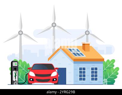 Concept d'énergie verte, paysage avec maison moderne, batterie de charge de voiture électrique dans la station de charge, panneaux solaires et éoliennes, HO efficace d'énergie Illustration de Vecteur