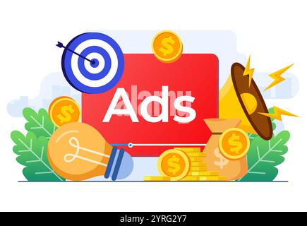 La campagne de publicité payante affiche des annonces sur le site Web générant des revenus pour l'éditeur, le paiement par concept de clic, PPC, la publicité ou la publicité, la promotion Illustration de Vecteur
