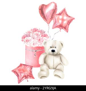 Ours en peluche blanc assis près de la boîte cadeau de fleur de rose avec des ballons en forme de coeur et d'étoile. Illustration à l'aquarelle dessinée à la main de l'animal mignon et du présent Banque D'Images
