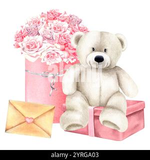 Ours en peluche assis sur un coffret cadeau avec bouquet de roses et enveloppe de lettre de la saint-valentin. Illustration à l'aquarelle dessinée à la main de l'animal mignon et du présent Banque D'Images