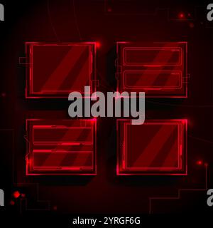 Cadres de notification SCI fi avec lignes fines rouges brillantes sur fond sombre. Connecté par des contours de circuit numérique avec des points lumineux. Superpositions de jeu ou éléments rectangulaires d'interface futuriste. Illustration de Vecteur