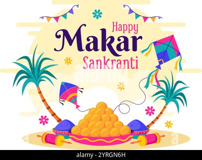 Makar Sankranti illustration vectorielle. Traduction la fête des moissons. Fête indienne avec volants colorés cerfs-volants et activité festive en arrière-plan Illustration de Vecteur