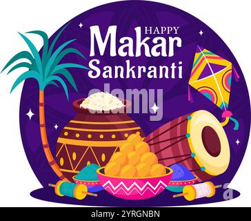 Makar Sankranti illustration vectorielle. Traduction la fête des moissons. Fête indienne avec volants colorés cerfs-volants et activité festive en arrière-plan Illustration de Vecteur