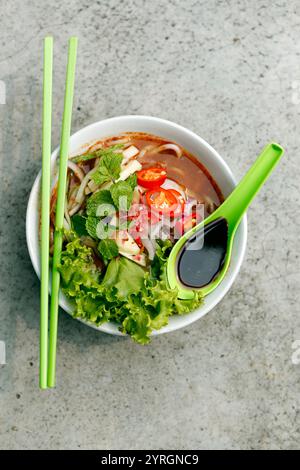 ASAM Laksa est une soupe de nouilles de riz malaisienne savoureuse, aigre, acidulée et épicée à base de poisson. Banque D'Images