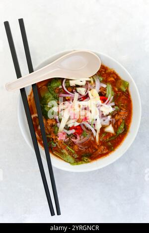 ASAM Laksa est une soupe de nouilles de riz malaisienne savoureuse, aigre, acidulée et épicée à base de poisson. Banque D'Images