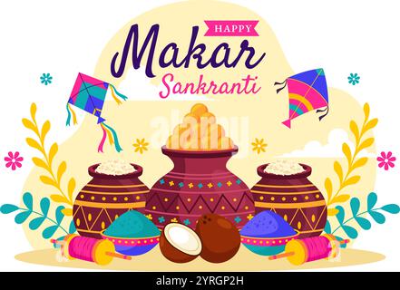 Makar Sankranti illustration vectorielle. Traduction la fête des moissons. Fête indienne avec volants colorés cerfs-volants et activité festive en arrière-plan Illustration de Vecteur