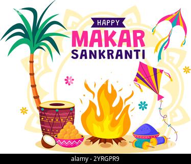 Makar Sankranti illustration vectorielle. Traduction la fête des moissons. Fête indienne avec volants colorés cerfs-volants et activité festive en arrière-plan Illustration de Vecteur