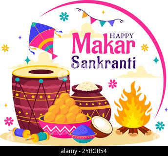 Makar Sankranti illustration vectorielle. Traduction la fête des moissons. Fête indienne avec volants colorés cerfs-volants et activité festive en arrière-plan Illustration de Vecteur