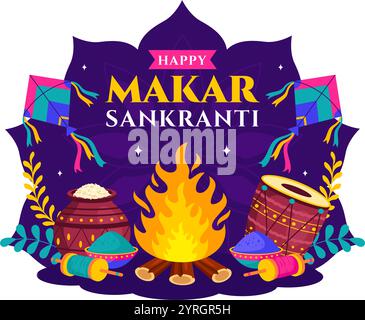 Makar Sankranti illustration vectorielle. Traduction la fête des moissons. Fête indienne avec volants colorés cerfs-volants et activité festive en arrière-plan Illustration de Vecteur