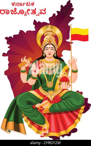 Karnataka Rajyotsava, Bhuvaneshwari, mère de Kannada, jour de la formation de l'État du Karnataka, déesse bhuvaneshwari sur la carte du karnataka, Illustration de Vecteur