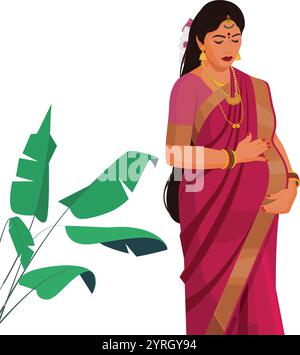 Femme enceinte indienne, concept de grossesse. Femme indienne dans le saree traditionnel. Illustration de Vecteur
