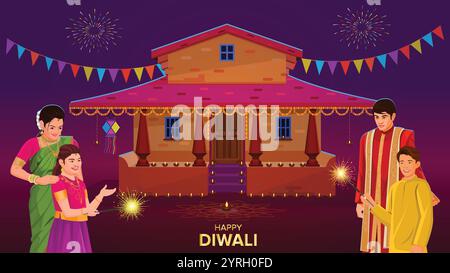Heureux Diwali avec une famille heureuse, maison indienne traditionnelle décorée avec Diya Illustration de Vecteur