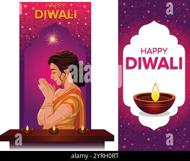 Affiche du festival de Diwali, histoires, bannière et ensemble de temlpate d'histoire de médias sociaux heureux de Diwali. Illustration de Vecteur