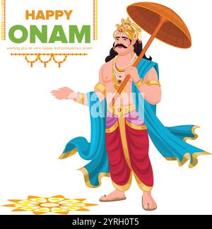 Happy Onam, Roi Mahabali à Onam, Nouveau festival du Kerala Happy Onam avec mahabali, utilisation pour affiche, dépliant Illustration de Vecteur