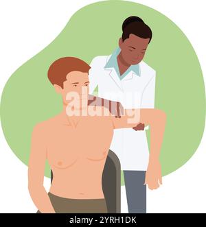 Médecin examinant le patient, dame médecin faisant un examen de contrôle à la clinique, homme assis dans la chaise Illustration de Vecteur