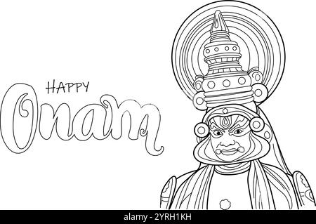 Danseuse Kathakali, festival Kerala Happy onam avec visage kathakali, dessinée à la main dans un style de ligne mince Illustration de Vecteur