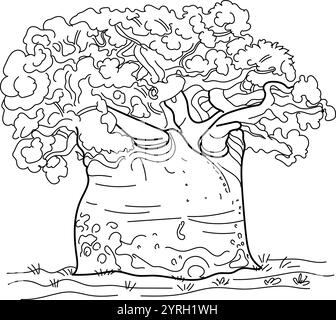 Grand baobab arbre à Madagascar, grand arbre, dessiné à la main dans le style de ligne mince Illustration de Vecteur