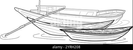 Bateaux sur le côté de la rivière. Illustration de style dessiné à la main Illustration de Vecteur