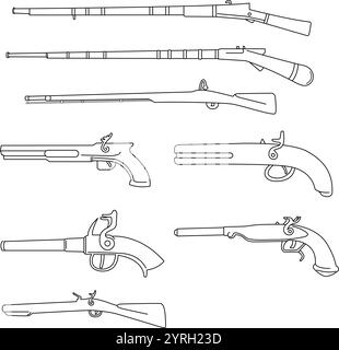 Old Rifles Set, illustrations d'armes, dessiné à la main dans un style de ligne mince Illustration de Vecteur