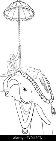 Éléphant décoré dans la procession au Kerala, dessiné à la main en ligne mince Illustration de Vecteur