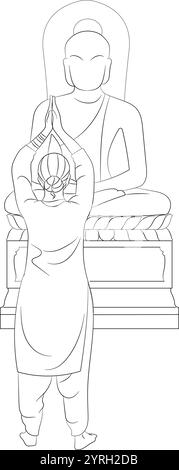 Femme faisant namaste devant la statue de bouddha, dessinée à la main dans un style de ligne mince Illustration de Vecteur
