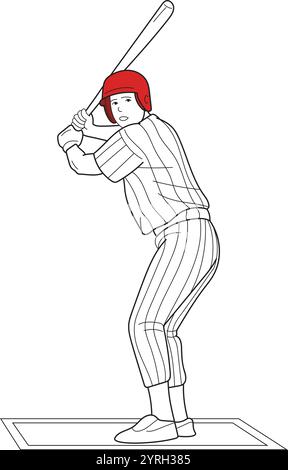 Joueur de baseball frappant la balle, dessiné à la main dans un style de ligne mince Illustration de Vecteur