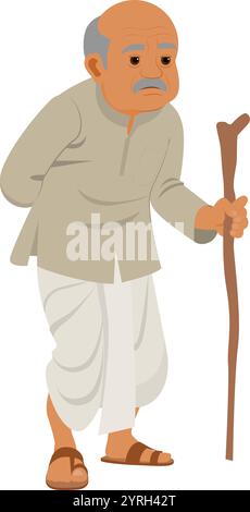 Vieil homme indien, grand-père tient un bâton de marche à la main Illustration de Vecteur