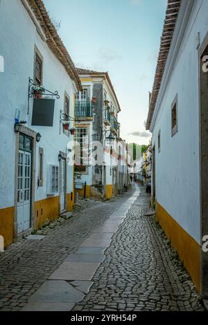 Des maisons blanches et jaunes traditionnelles avec des balcons remplis de fleurs bordent une étroite rue pavée dans la ville historique d'obidos, au portugal Banque D'Images