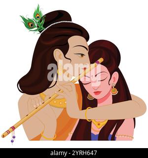 Seigneur Krishna jouant de la flûte avec Radha au festival Happy Janmashtami Illustration de Vecteur