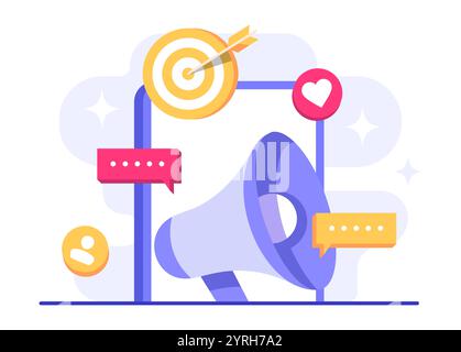Illustration vectorielle plate de marketing numérique, campagne publicitaire et promotion en ligne dans les applications mobiles, contenu publicitaire dans les réseaux sociaux, camp de médias sociaux Illustration de Vecteur