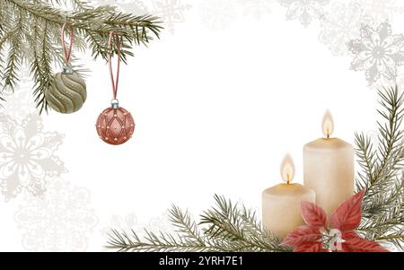 Modèle de Noël vintage avec des bougies de cire avec des mèches et des flammes, fleur rouge poinsettia, brins d'épicéa, boules d'arbre et flocons de neige sur blanc. Dessiné à la main Banque D'Images