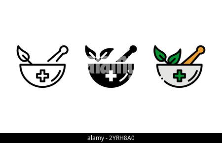 icône médecine alternative. icône de vecteur avec contour, glyphe et style de contour rempli, représenté par des feuilles de plantes et des bols de médecine. Illustration de Vecteur