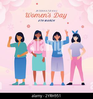 Quatre femmes en tenue colorée célébrant en tenant des ballons et des fleurs, parfait pour les promotions de la Journée internationale des femmes et les médias sociaux. Illustration de Vecteur