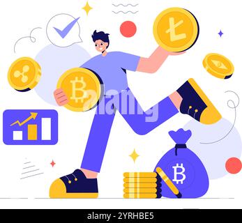 Illustration vectorielle de crypto-monnaie présentant une pile de pièces, la technologie de portefeuille de devises numériques et la crypto-monnaie Bitcoin dans un fond plat Illustration de Vecteur
