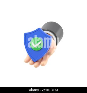 Icône de geste de dessin animé Mockup.3D tenant la main bouclier de sécurité et cadenas. Protection des données personnelles. Concept d'accès sécurisé. Vérification réussie.3D R Banque D'Images