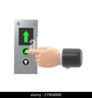 Homme d'affaires appuie sur le bouton de levage. conception plate d'illustration 3d. Appelez l'ascenseur. Flèche vers le haut. Montez au dernier étage. Doigt sur le bouton.rendu 3D activé Banque D'Images
