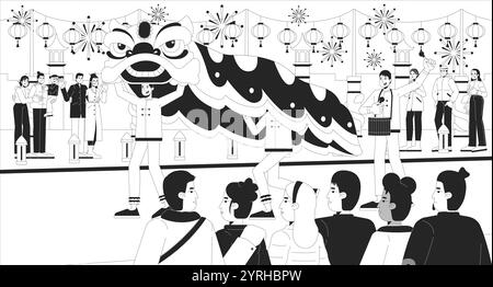 Illustration de ligne noire et blanche de danse de lion du nouvel an lunaire Illustration de Vecteur