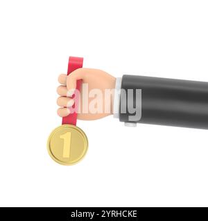 Maquette d'icône de geste de dessin animé. Main d'homme d'affaires tenant la médaille gagnante, concept de gagnant de compétition.3D rendu sur fond blanc. Banque D'Images