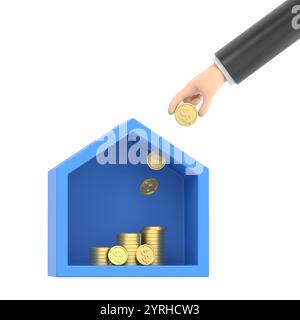 Immobilier 3D et tenue de main de pièce. 3d économie d'argent à la maison de prêt, concept de propriété de l'investissement financier, d'économie d'argent. 3d pile de pièces de monnaie et un Banque D'Images