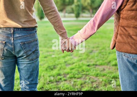 Un couple tenant la main dans un parc, symbolisant l'amour, la connexion et le soutien, leur tenue décontractée de jeans et de chandails ajoute une sensation détendue et intime Banque D'Images