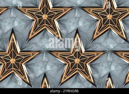 Ce motif géométrique complexe en 3D présente des étoiles dorées sur un fond texturé. Le design sans couture ajoute une touche moderne et élégante, ce qui en fait un modèle idéal Banque D'Images
