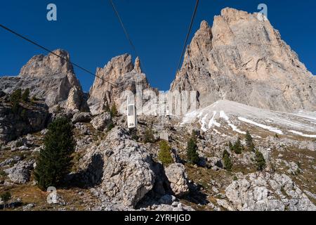 Une vue imprenable sur la Forcella del Sassolungo des Dolomites, qui présente un trajet en téléphérique à travers des falaises accidentées et un ciel bleu clair dans la rue italienne Banque D'Images