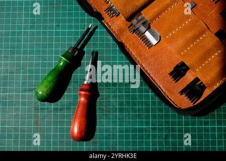 Un ensemble d'outils artisanaux en cuir affichés sur un tapis de coupe vert, y compris des poinçons et des poinçons avec des poignées en bois idéales pour l'artisanat, le travail artisanal et di Banque D'Images