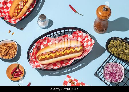 Plan suspendu de hot-dogs dans des paniers, servi avec du ketchup et de la moutarde sur un fond bleu vif Banque D'Images