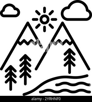 Icône de ligne paysage. Montagnes avec la forêt, le soleil, les nuages et le plan d'eau signe vectoriel de contour. Pictogramme de style linéaire de voyage. Symbole d'aventure, logo i Illustration de Vecteur