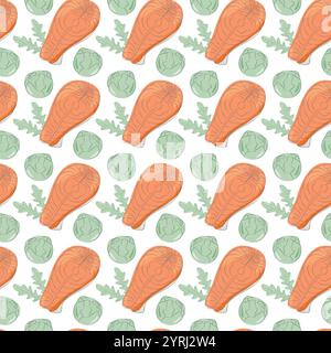 Steaks de saumon, feuilles de roquette et têtes de choux de bruxelles sans couture. Contexte alimentaire sain. Illustration vectorielle isolée papier peint, promotion Web ou cartes thématiques, messages, menu Illustration de Vecteur