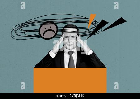 Créatif photo collage image homme d'affaires senior souffrir maux de tête émoticône triste expression de visage dessin gribouilles la pression mentale migraine Banque D'Images