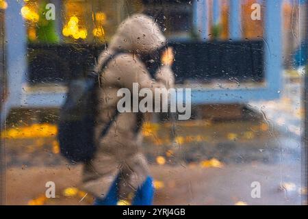 Ein Blick aus dem Fenster Berlin, 28. Novembre 2024 : Unangemehmes Wetter in der Stadt. Fotografiert aus dem bus durch das regennasse Fenster während der Fahrt in die Innenstadt. *** Une vue de la fenêtre Berlin, 28 novembre 2024 temps désagréable dans la ville photographié depuis le bus à travers la fenêtre imbibée de pluie pendant le voyage vers le centre-ville Banque D'Images