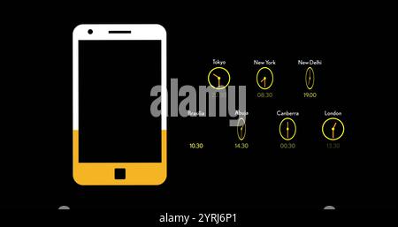 Image de, smartphone avec horloges mondiales montrant différents fuseaux horaires sur fond noir Banque D'Images